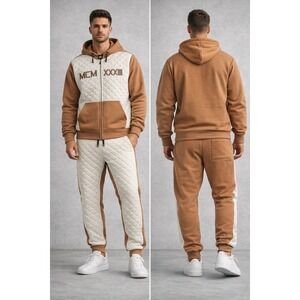 MCM XXXII Quilted 2 Pc Zip Up Hoodie Sweatshirt Jogger Pants Set Brown Cream 2XL